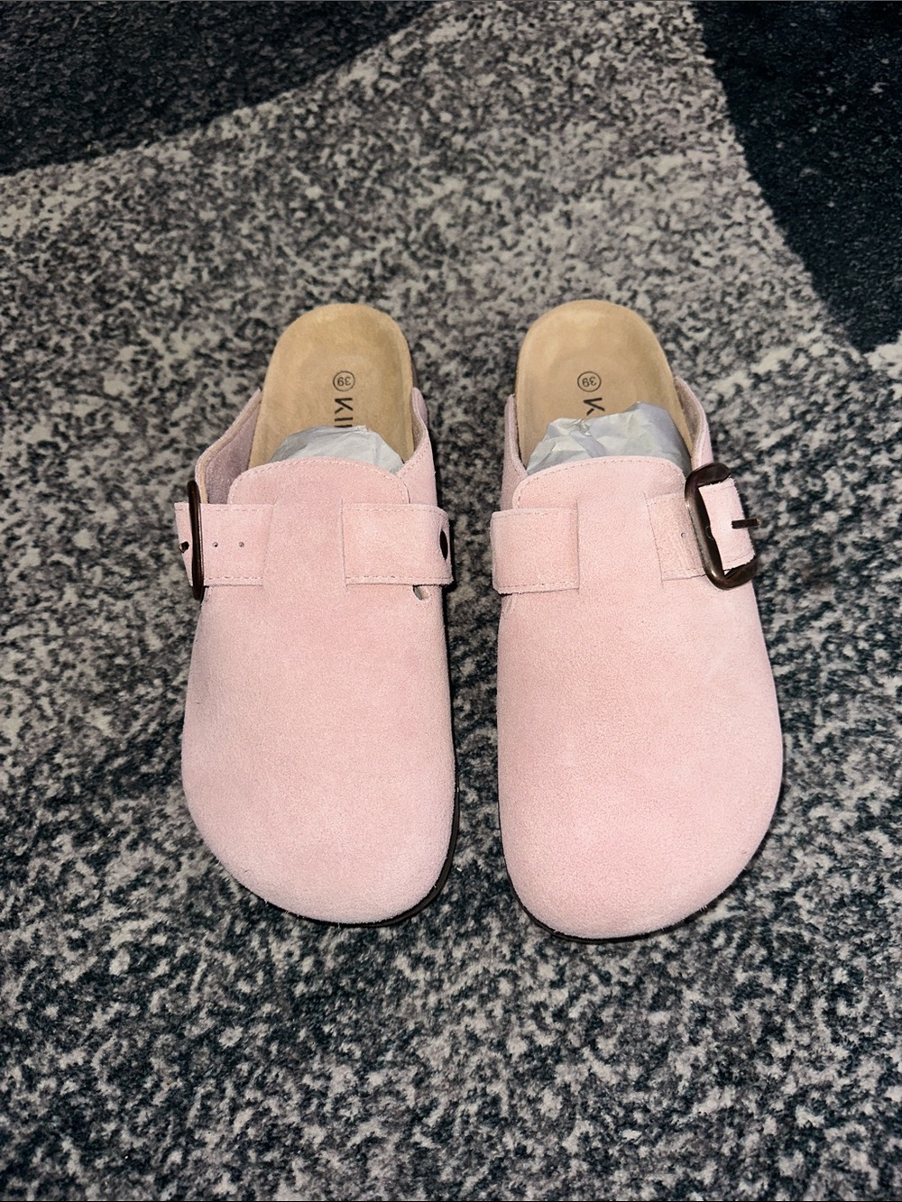 Women Pink Suede Slip-On Clogs with Buckle